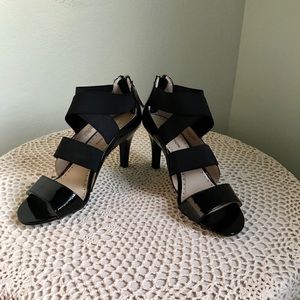 Black Patent-Leather Ankle Strap Sandals/Heels